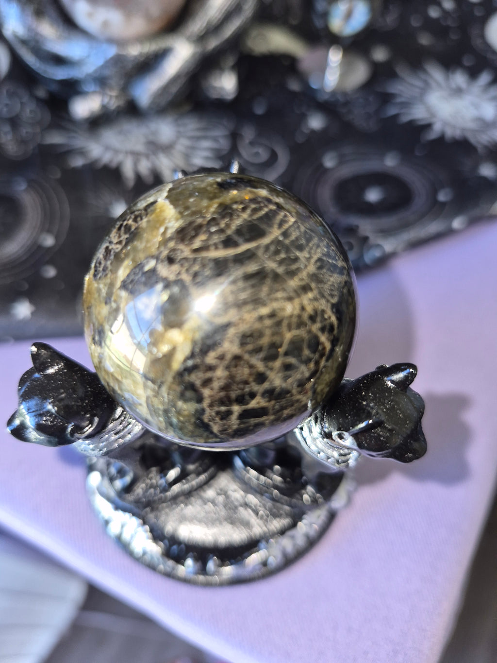 3 Cat sphere holder with Black Moonstone Crystal Sphere