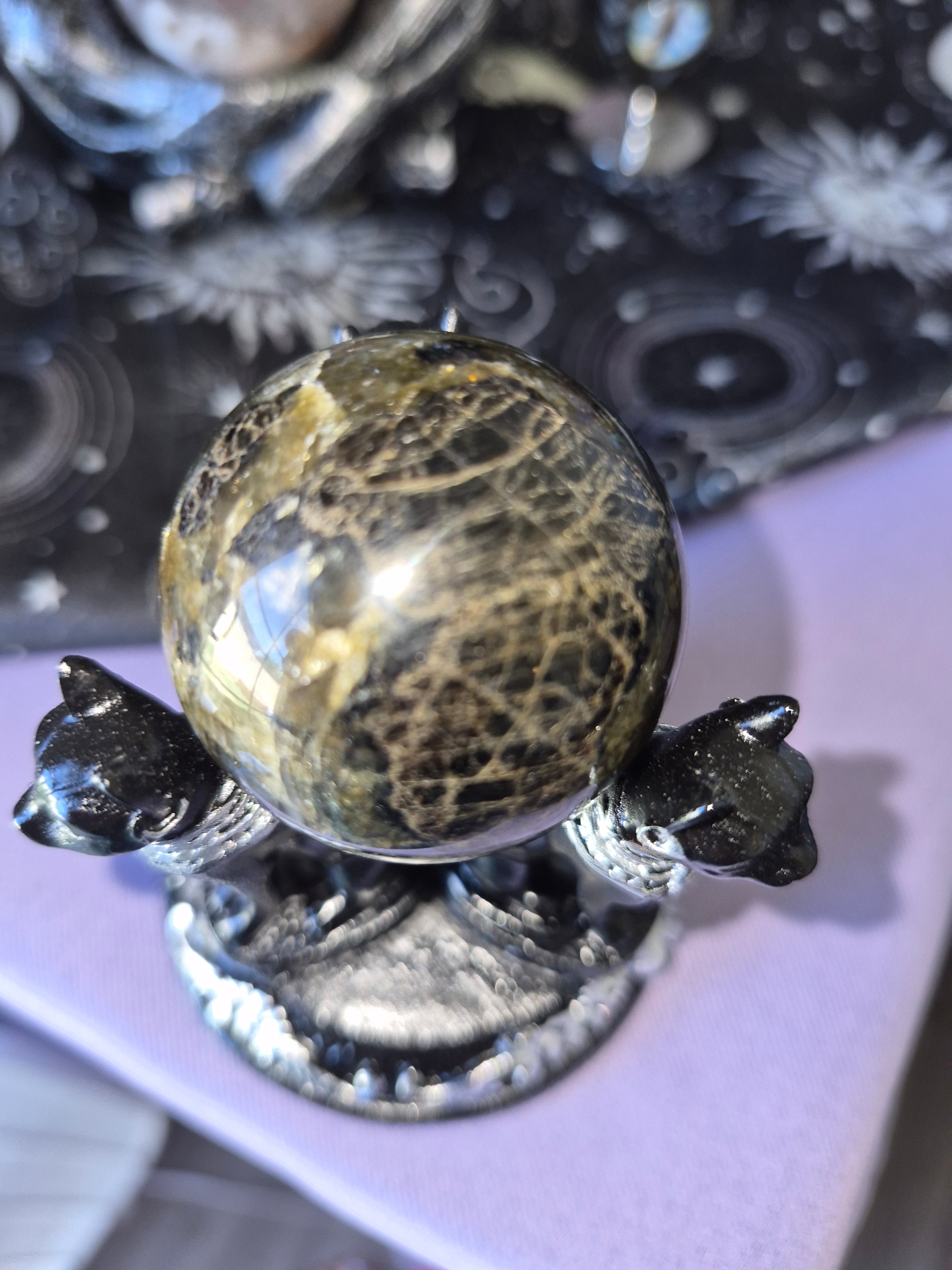 3 Cat sphere holder with Black Moonstone Crystal Sphere