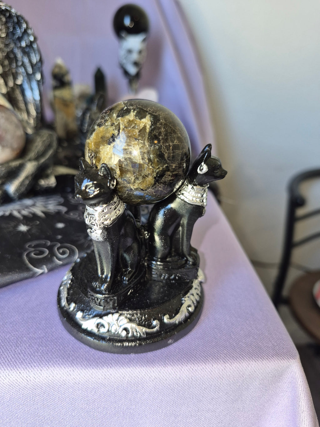 3 Cat sphere holder with Black Moonstone Crystal Sphere