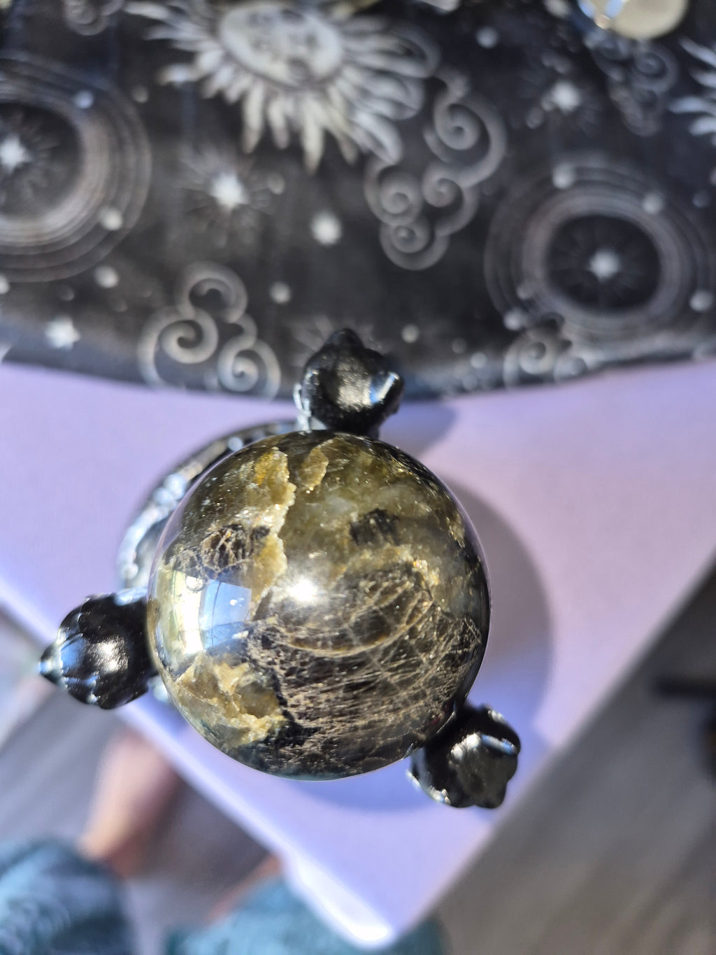 3 Cat sphere holder with Black Moonstone Crystal Sphere