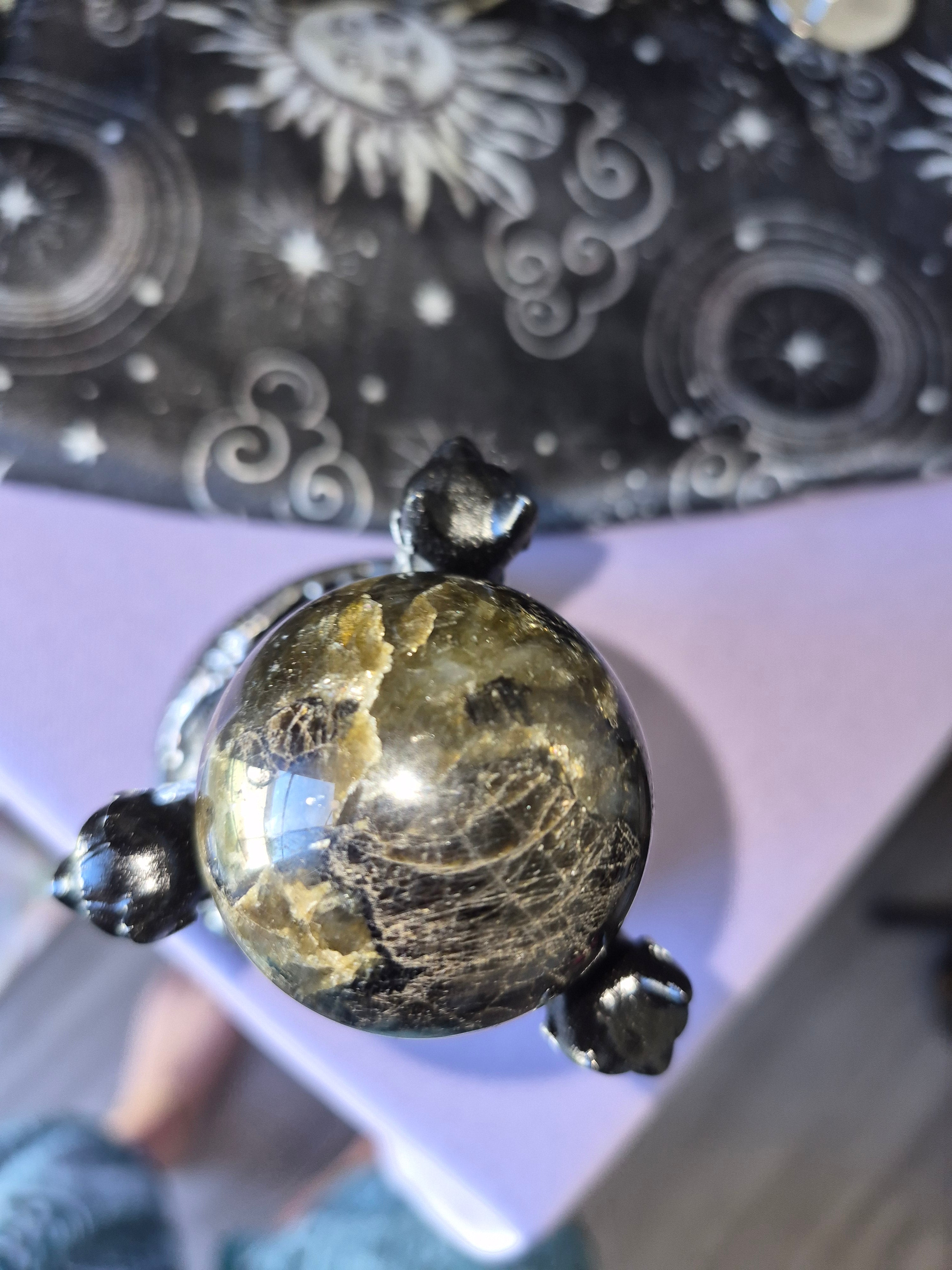 3 Cat sphere holder with Black Moonstone Crystal Sphere