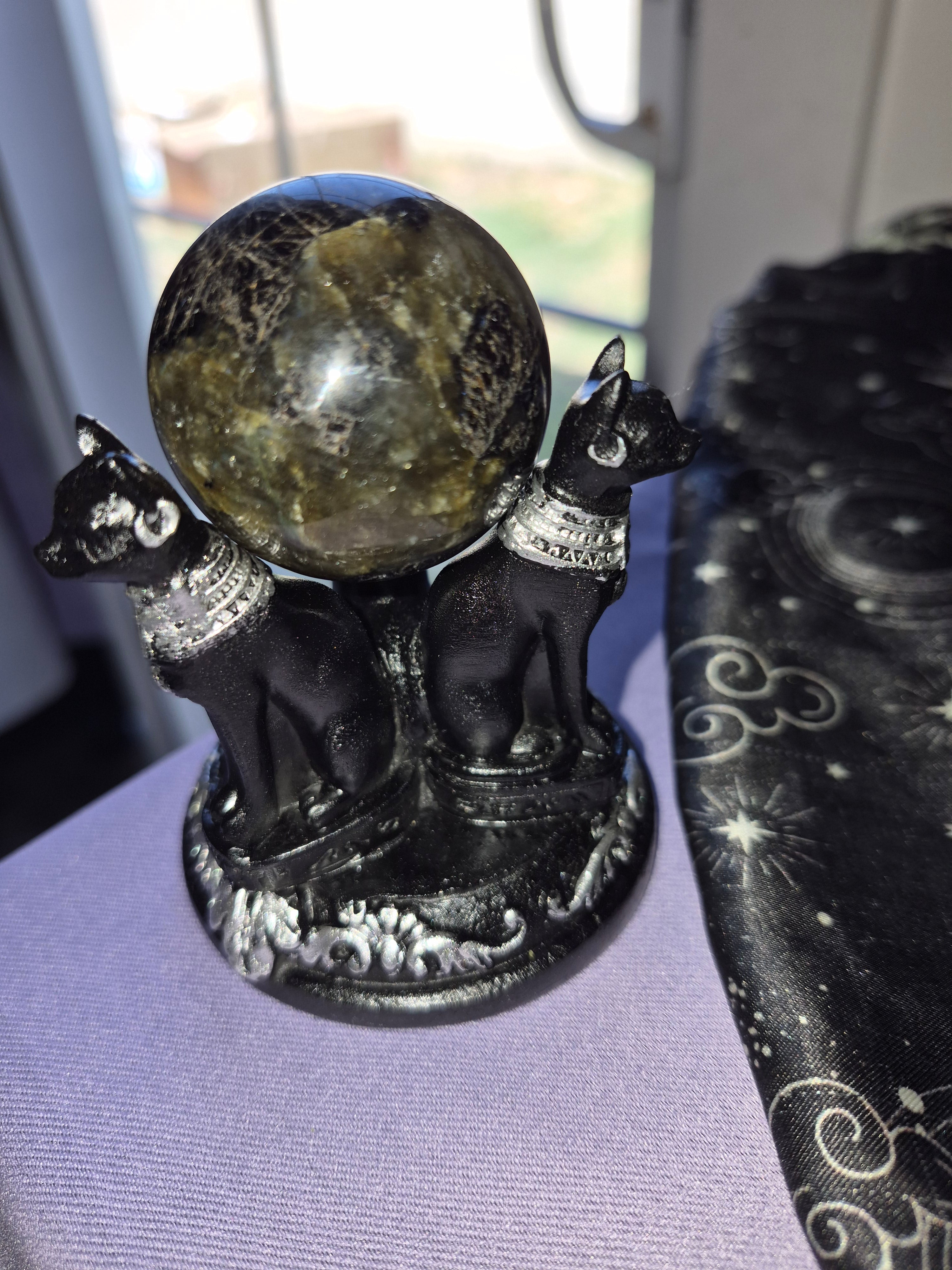 3 Cat sphere holder with Black Moonstone Crystal Sphere