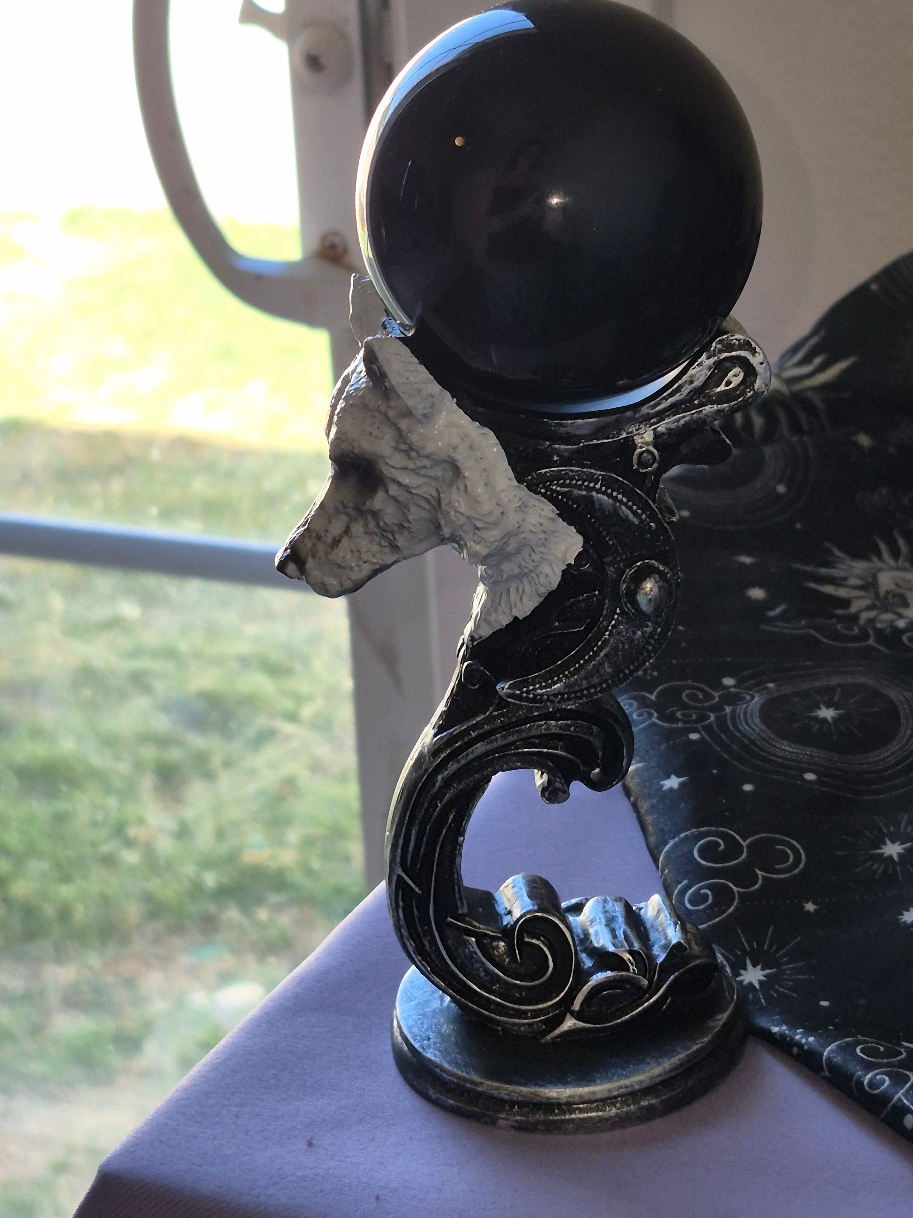 Wolf Sphere Holder with Black Obsidian Sphere