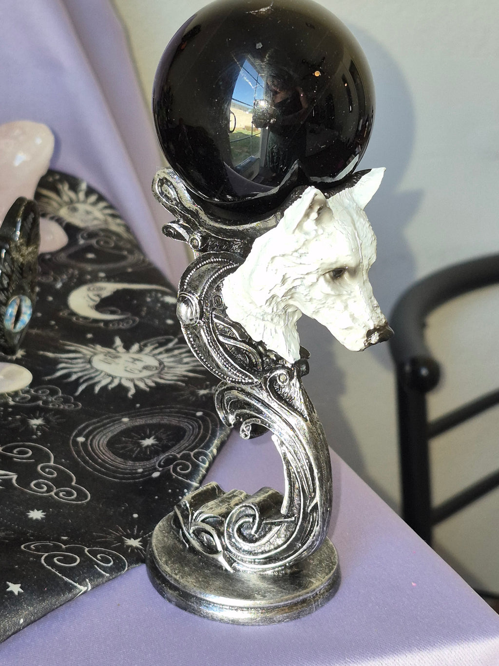 Wolf Sphere Holder with Black Obsidian Sphere