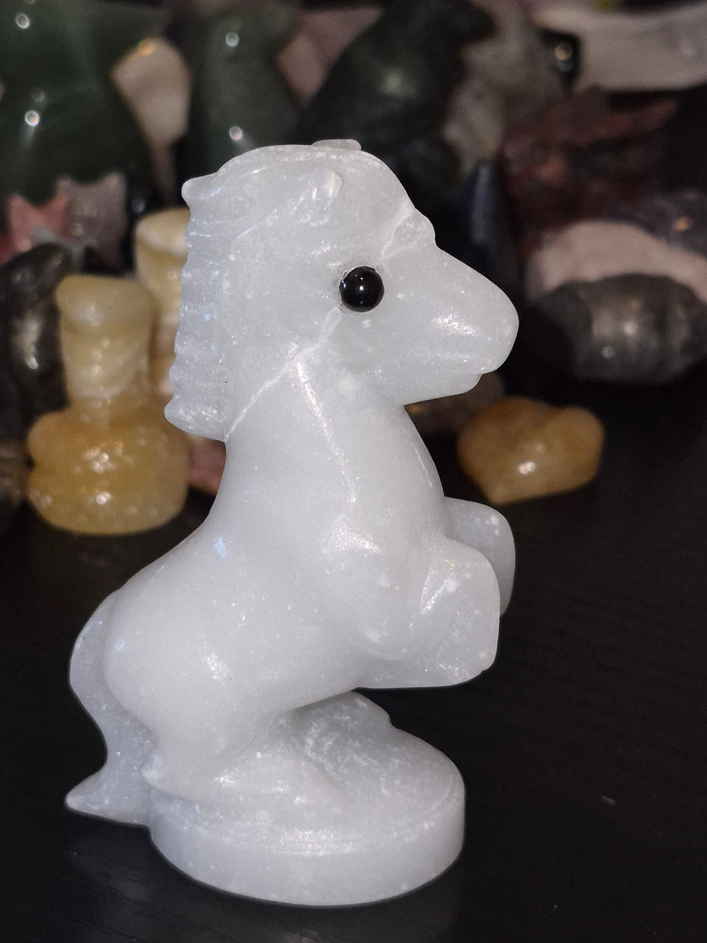 White Marble Crystal Carved Pony With Black Obsidian Eyes
