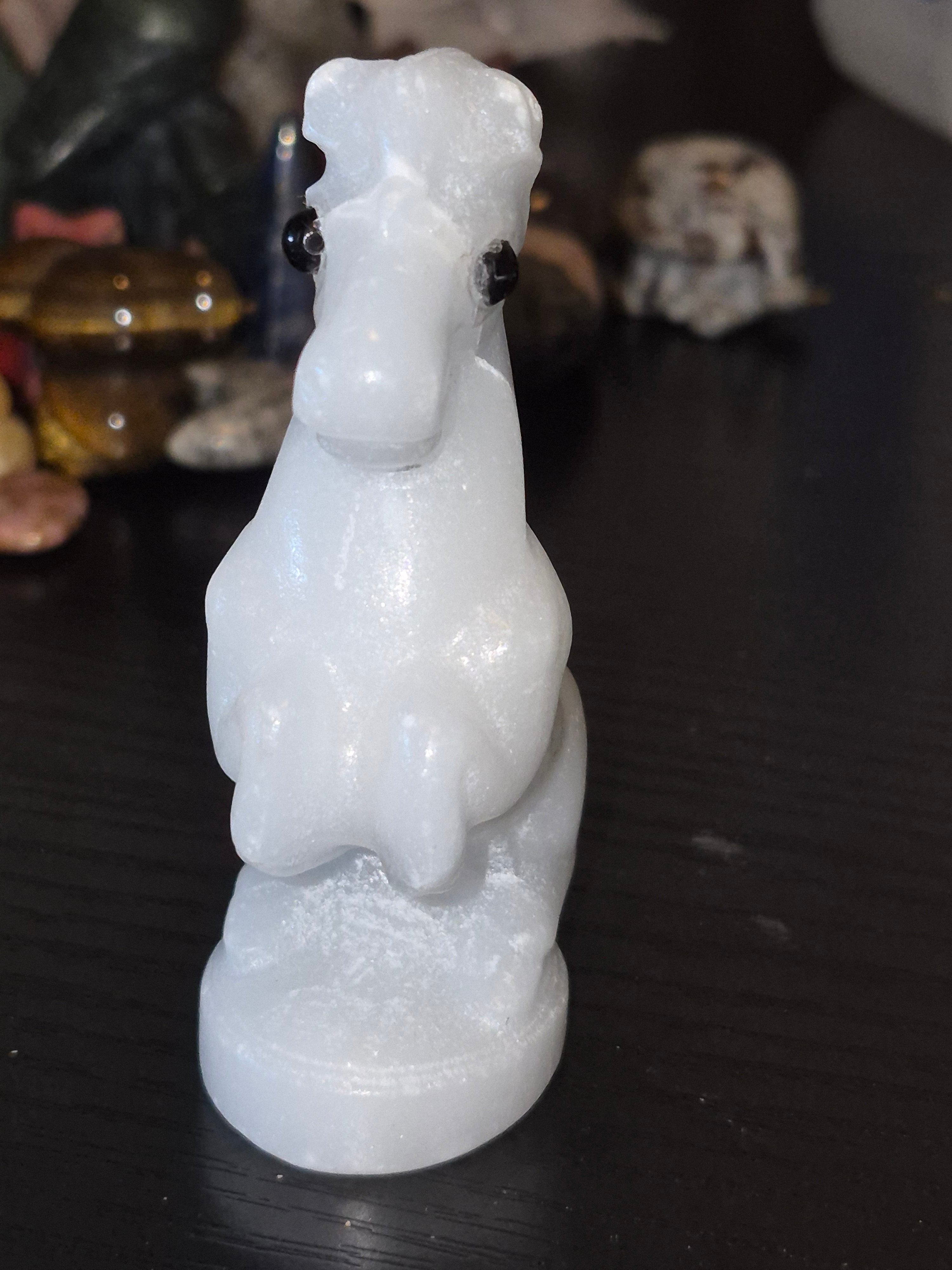 White Marble Crystal Carved Pony With Black Obsidian Eyes
