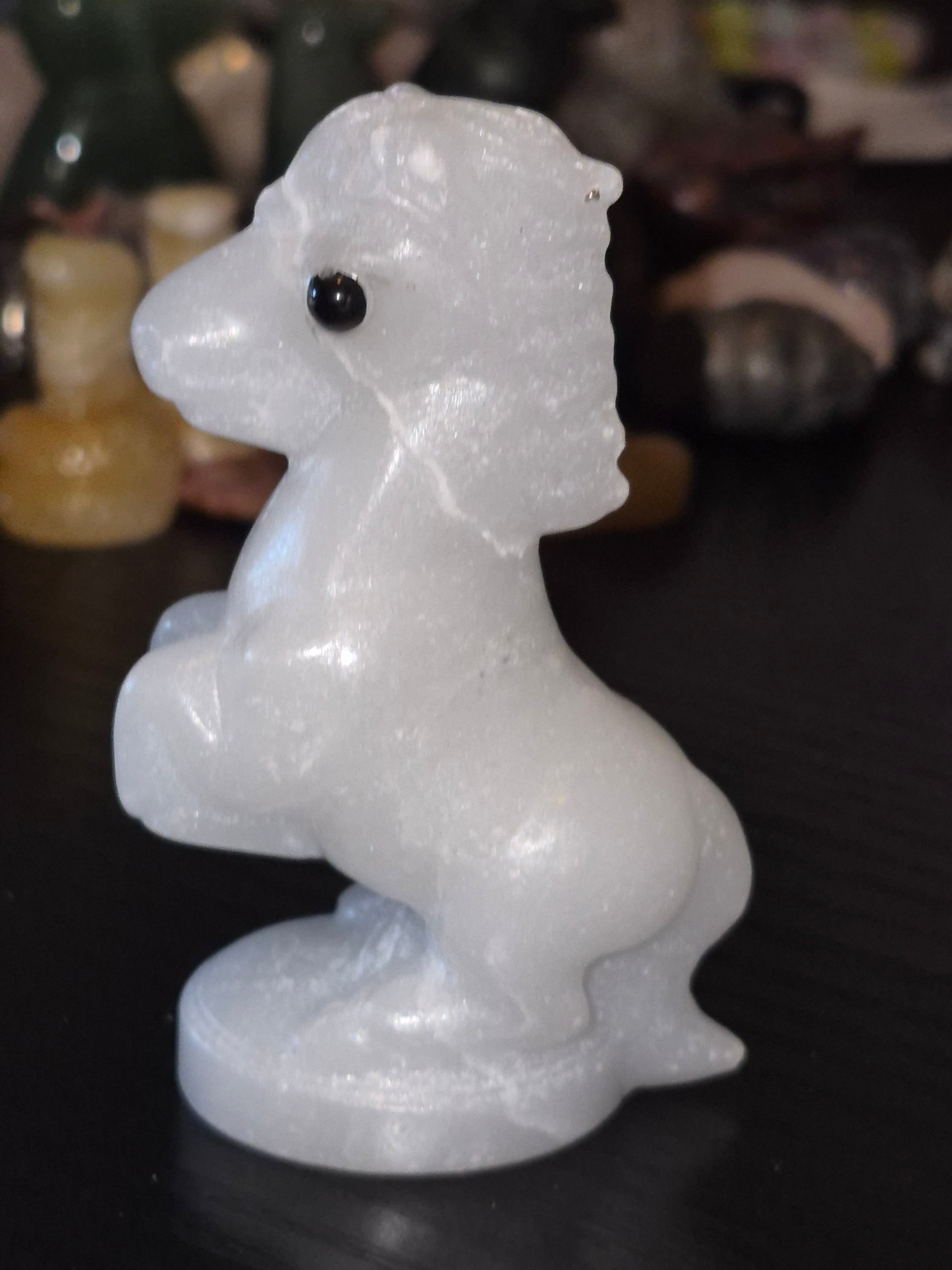White Marble Crystal Carved Pony With Black Obsidian Eyes